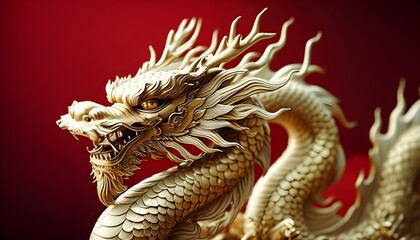 Majestic golden dragon sculpture set against rich red backdrop, embodying cultural mythology and exquisite artistry