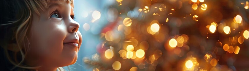 A young child looks at a brightly lit Christmas tree with a joyful expression, capturing the magic of the holiday season.