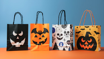 Set of funny paper shopping bags for Halloween on color background