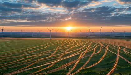 Wall Mural - Vehicle tracks lead through a Renewable Energy Zone dotted with windmills against a cloudy horizon