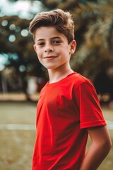 Canvas Print - A young boy in red shirt standing on grass field. AI.