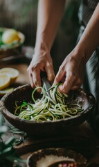 Wall Mural - A person cutting zucchini with a knife in a bowl. AI.