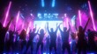 © sa-photo - Friday night party scene with neon lights, dancing people, and loud music, a fun and energetic atmosphere.