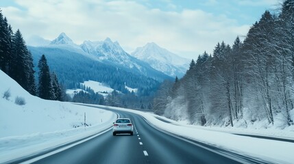 white car drive on mountain road landscape in winter. Nature scenery on highway in green mountains. Winter travel on black asphalt road. Car driving in the beautiful nature of Europe. Bavaria, Germany