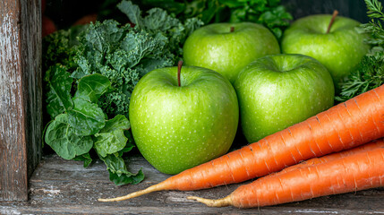 Fresh organic apples, carrots, and leafy greens are beautifully arranged, showcasing vibrant colors and healthy produce. This delightful display evokes sense of freshness and vitality