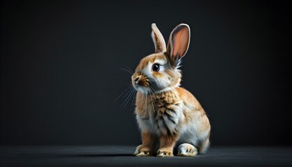 Wall Mural - Curious rabbit poised against a dark backdrop, gazing directly ahead