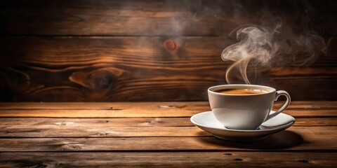 Steaming cup of coffee on wooden table with dark copy space