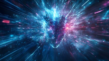 Aufkleber - An abstract illustration of a massive AI entity taking control of digital data streams, with dark tones and bright flashes of light creating a sense of fear and excitement.