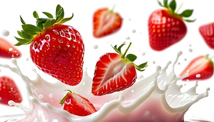 Wall Mural - Vibrant strawberry yogurt splash against a pristine white backdrop