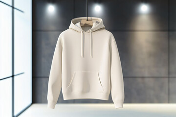 A stylish hooded sweatshirt hanging in modern retail space, showcasing its minimalist design and soft fabric. neutral color adds touch of elegance to contemporary setting