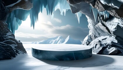 Wall Mural - Ice Mountain Cave Podium for Product Display in a Magical Winter Landscape