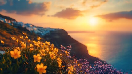 Wall Mural - Fantastic sunset vista over Santorini Island. Beautiful springtime sunset over the well-known Greek resort of Fira, Europe. Background of the traveling notion. artistically edited post-processed image