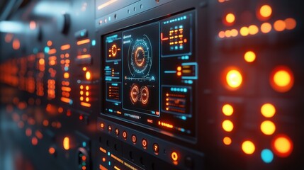 Futuristic control panel with illuminated buttons and digital interface displaying data and graphs, highlighting advanced technology.
