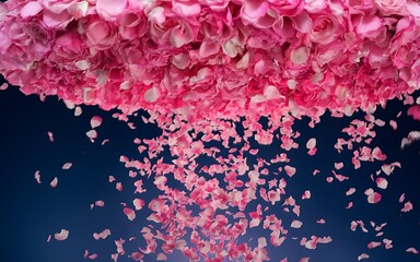 Pink rose petals falling against a dark blue background.