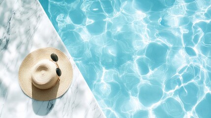 straw hat and sunglasses by a crystal-clear, blue marble swimming pool with waves and reflections of the sun and shadow. Summer vacation creative background - minimalistic fashion aesthetic