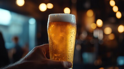 Beer glass in hand, condensation dripping down the sides, refreshing feel of the drink and the warmth of the ambient light