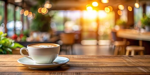 Wall Mural - Coffee cup on wooden table with blurred background