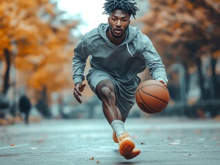 Basketball player dribbling in the rain.