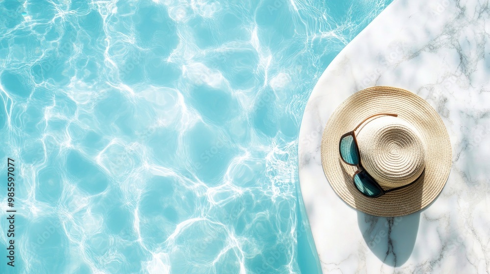 straw hat and sunglasses by a crystal-clear, blue marble swimming pool ...