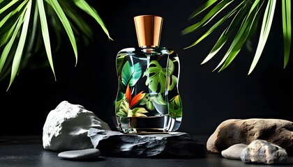 Wall Mural - Elegant glass perfume bottle design featuring tropical leaves and stones on a sleek black background, ideal for cosmetic packaging mockups and product advertising.