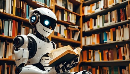 AI robot engrossed in reading amidst a library filled with books on every shelf