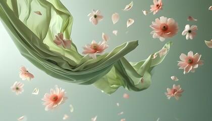 Whimsical scene of a pastel green cloth dancing in the air surrounded by floating petals and flowers, evoking a fresh scent of fabric softener.