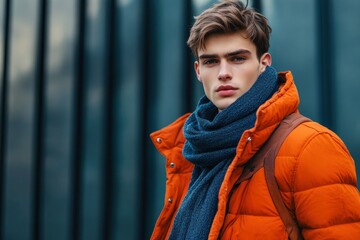 Fashionable handsome young man in orange jacket and scarf. with generative ai