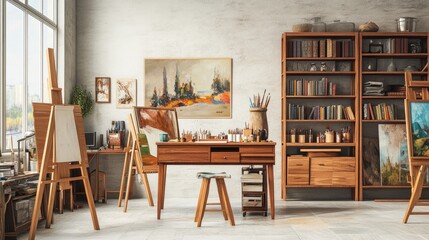 The interior of a unique artist workstation features a teak commode, a wooden easel, a bookcase, paintings, decorative items, painting supplies, and classy personal belongings. An artist's contemporar