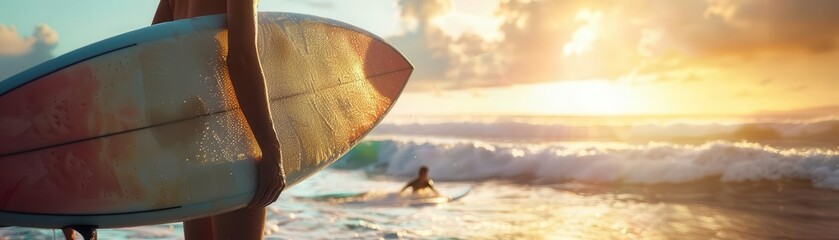 Surfer catching waves at sunset with surfboard on the sandy beach. Perfect shot of an adventurous beach life and ocean waves.