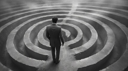 a man stands at the entrance of a complex maze, deep in thought.