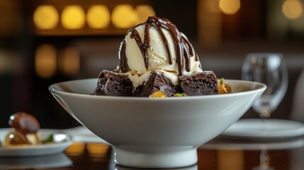 Wall Mural - A Delightful Combination: Brownie Sundae with Vanilla Ice Cream