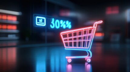 Neon sign of a shopping cart glowing in red and blue, with sale percentages lighting up the background.