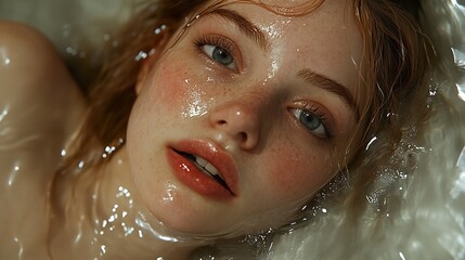 Wall Mural - Close-Up Portrait of a Woman with Wet Hair and Freckles