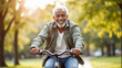 © vladnikon - A smiling elderly black man rides his bicycle along a tree-lined path in a park, basking in the warm sunlight of an autumn afternoon. The atmosphere is cheerful and peaceful.