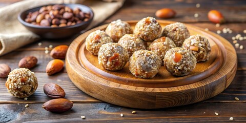 Homemade paleo energy balls made with carrots, nuts, dates, and coconut flakes on a wooden plate. Ideal for a healthy, energizing snack