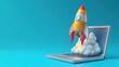 © Johannes - Rocket coming out of laptop screen, blue background. AI digital illustration