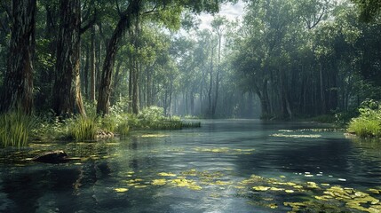 Poster - Tranquil River Flowing Through Lush Forest Landscape