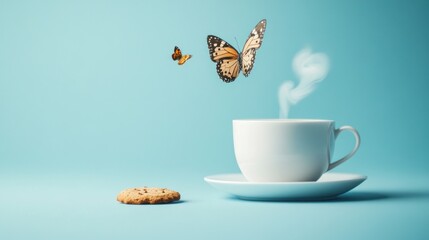 Butterflies, Coffee, and a Cookie on a Blue Background