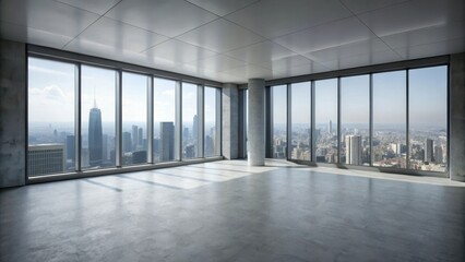 Poster - Empty gray room interior with a large window overlooking a cityscape