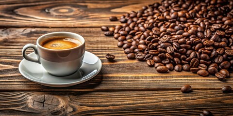 Freshly roasted coffee beans with an espresso cup on a wooden table, copy space above