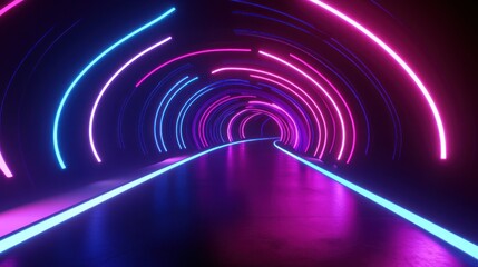 Wall Mural - Abstract glowing neon tunnel with blue and pink lights.