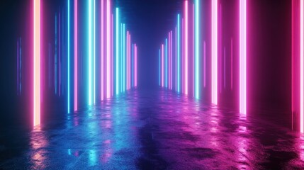 Wall Mural - Neon light columns reflecting on a wet, concrete floor.
