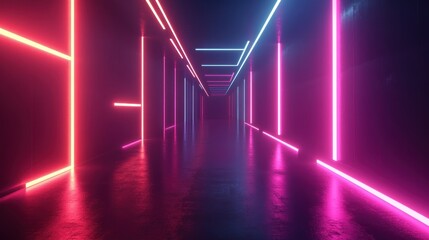 Wall Mural - Dark corridor with neon light.