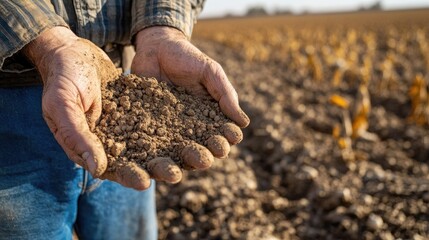 A farmer holding dried soil in his hands, looking at a lifeless field devastated by drought.