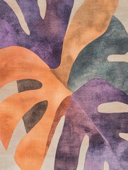 Poster - An artistic arrangement of abstract leaves in vibrant purple, orange, and green hues highlights unique watercolor brushstrokes