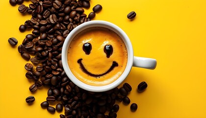 Sticker - Cheerful coffee cup with smiley face against vibrant yellow backdrop