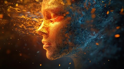 Wall Mural - Abstract portrait of a woman's face made of glowing particles.