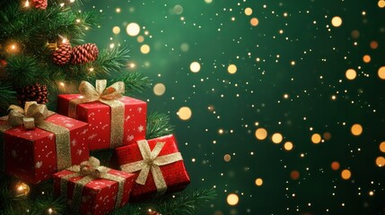 Wall Mural - present gifts under the christmas tree lights decorating on green background christmas festive greet