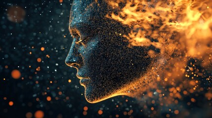 Wall Mural - Abstract digital portrait of a woman's face with fire flames on top of it.