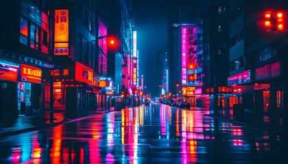 Wall Mural - Vibrant neon reflections on a rainy city street at night